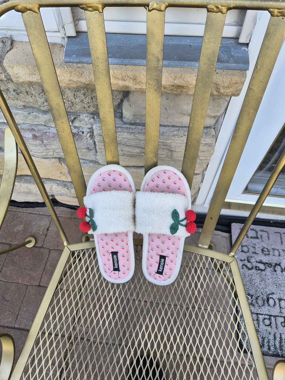 Kensie Kids Cream Faux-Fur Slide Sandals with Pink Cherry Print